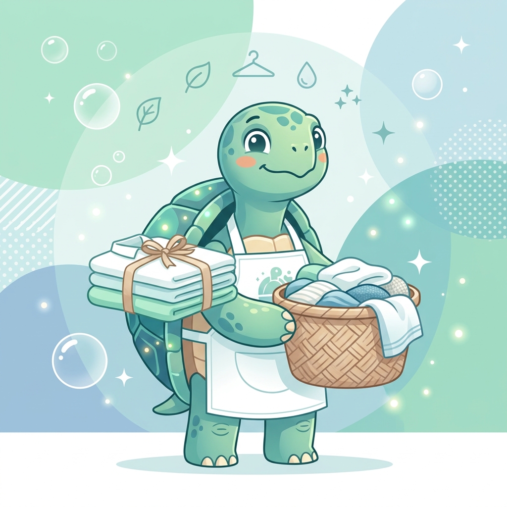 Turtle Laundry Mascot — friendly turtle holding fresh laundry